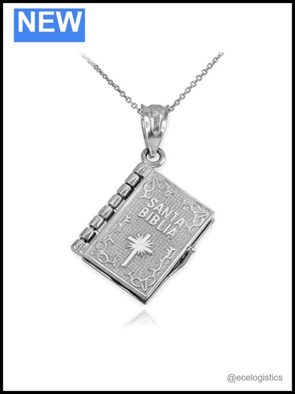 Sterling Silver 3D Santa Biblia Book w/Lord's Prayer in Spanish Pendant Necklace